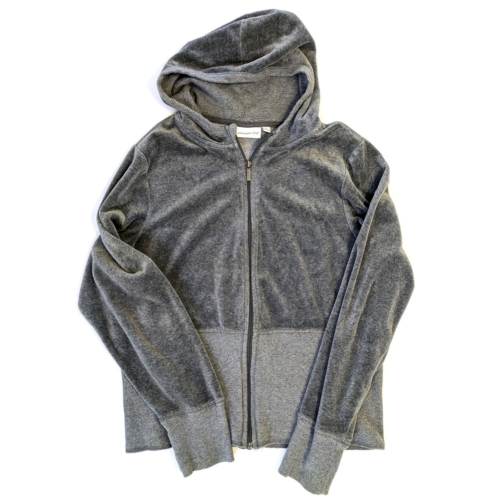 Shanghai Red Womens XL Gray Velour Full Zip Hoodie Ribbed Trim Cotton Blend